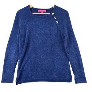 Lilly Pulitzer Womens Navy Blue Chenille Sweater Gold Shell Pineapple‎ Buttons S